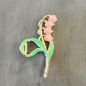 Pink Lily Valley Flower Floral Enamel & Gold Metal 4.5“ Lobster Claw Hair Clip